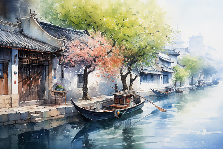 水墨风徽派建筑中国风江南插画