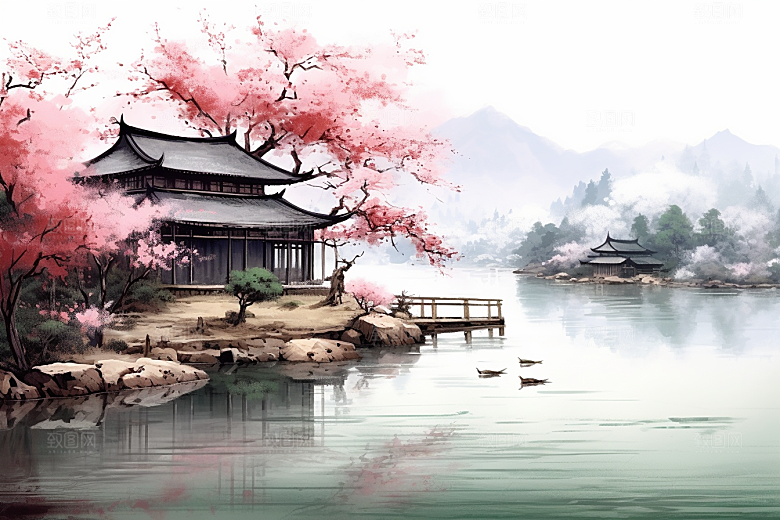 水墨风徽派建筑小镇高清插画
