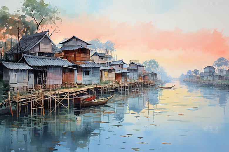 水墨风徽派建筑江南小镇插画
