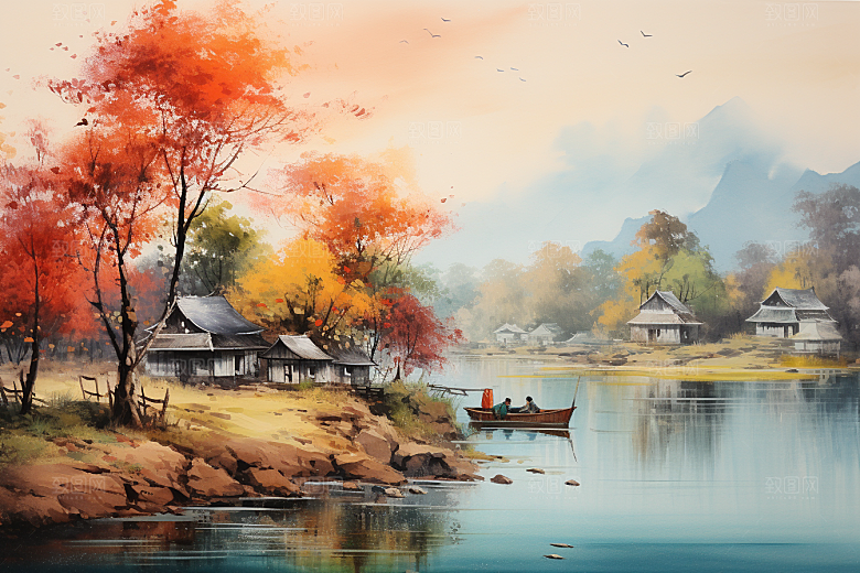 水墨风徽派建筑水乡小镇插画