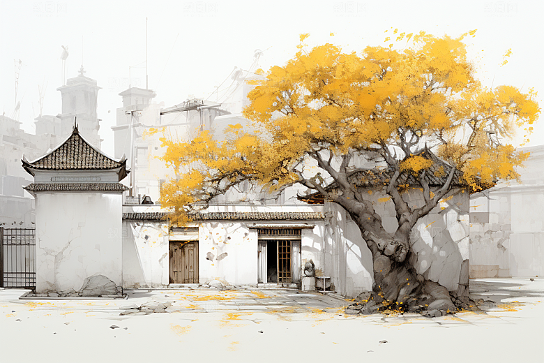 水墨风徽派建筑水乡白墙黛瓦插画