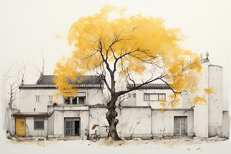 水墨风徽派建筑白墙黛瓦山水插画