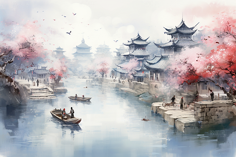 水墨风徽派建筑高清唯美插画