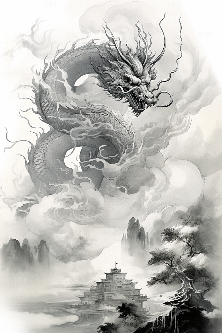 水墨画风龙中国画高清素材