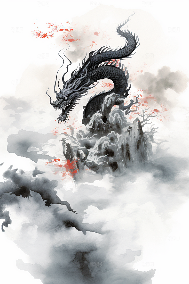 水墨画风龙墨染龙年素材