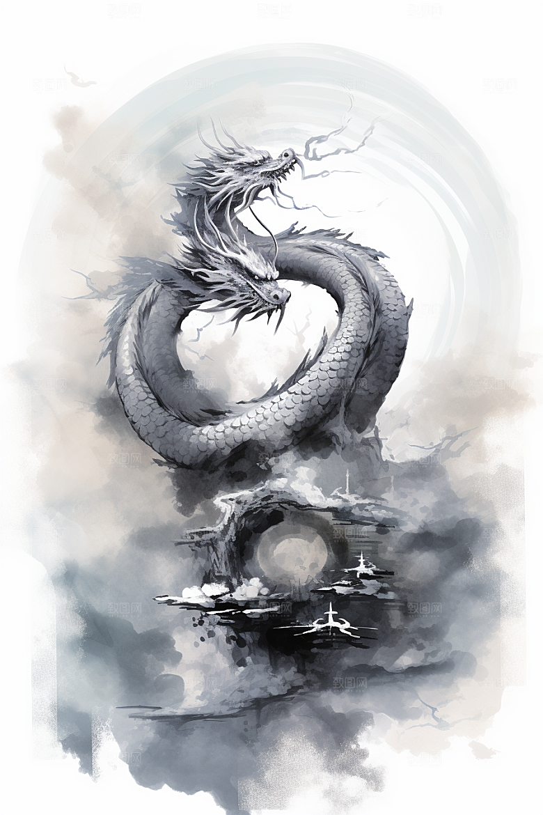 水墨画风龙艺术传统风格素材