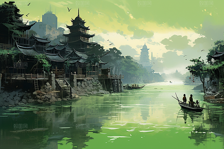 水墨江南中国风水乡插画