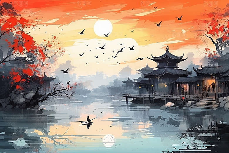 水墨江南小桥流水手绘插画