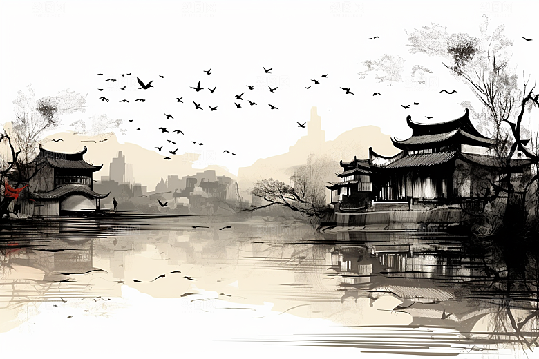 水墨江南中式晕染插画