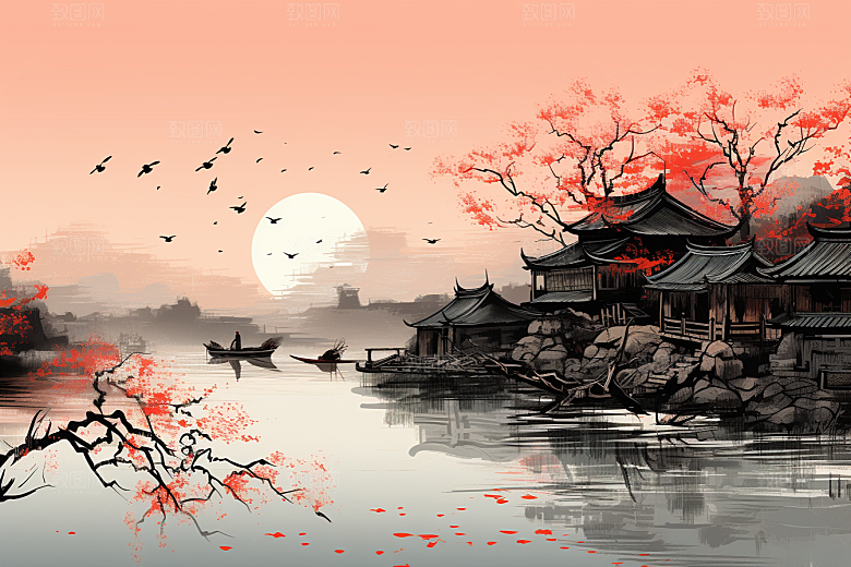 水墨江南粉墙黛瓦中式插画