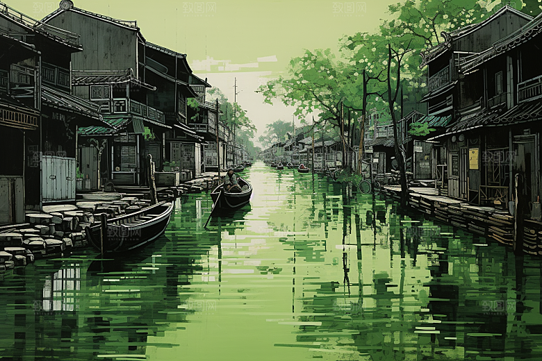 水墨江南小镇粉墙黛瓦插画