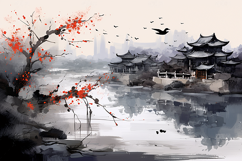 水墨江南小桥流水晕染插画