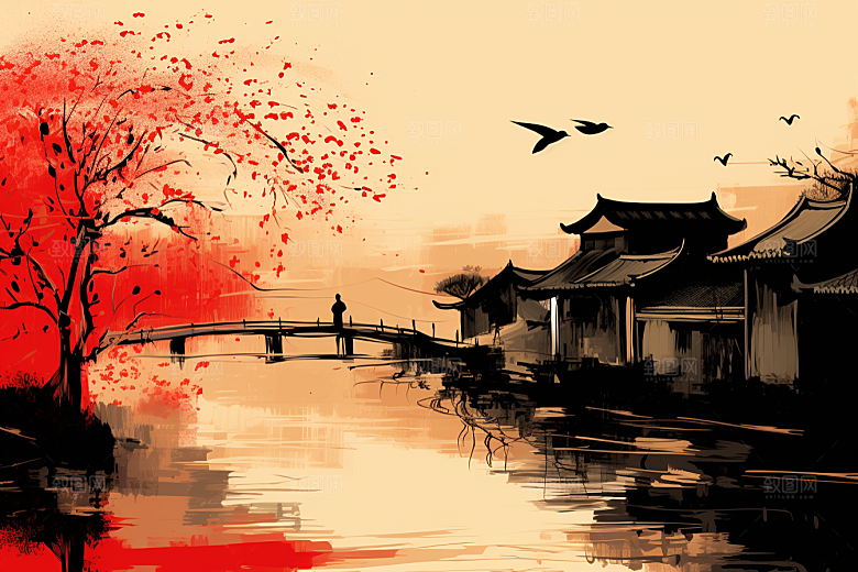 水墨江南水乡手绘插画
