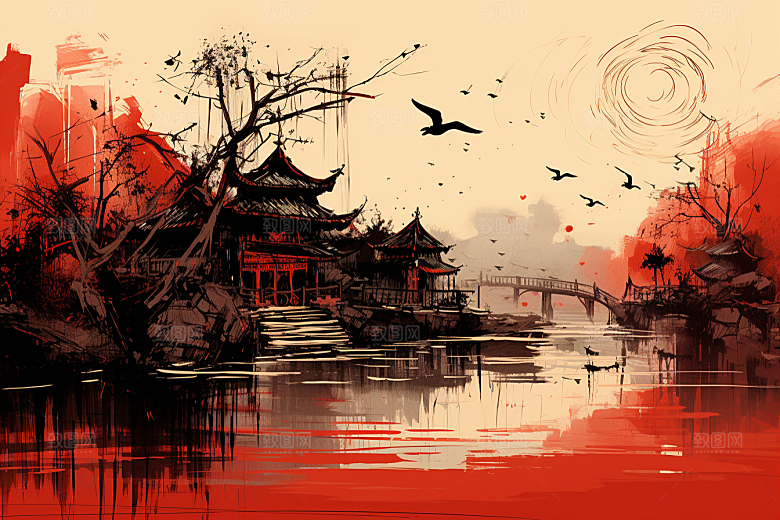 水墨江南晕染中式插画