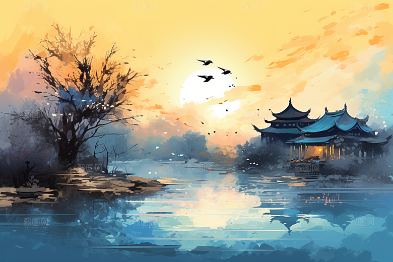 水墨江南粉墙黛瓦中式插画