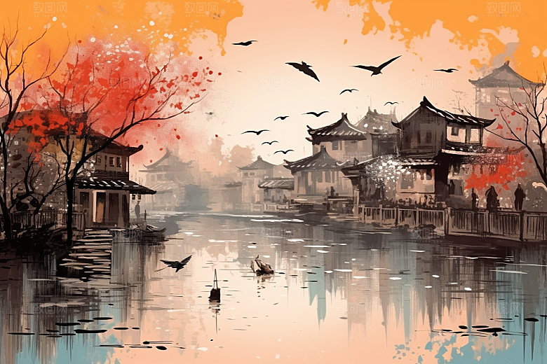 水墨江南小镇小桥流水插画