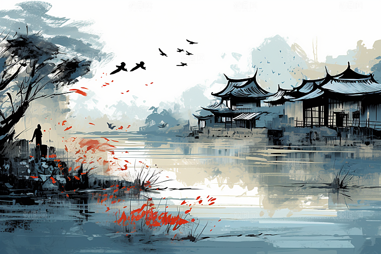 水墨江南粉墙黛瓦小桥流水插画