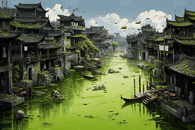 水墨江南中式水乡插画