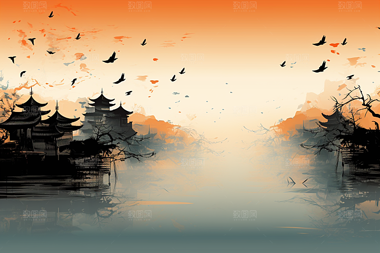 水墨江南晕染小桥流水插画