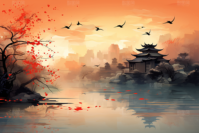 水墨江南小桥流水晕染插画
