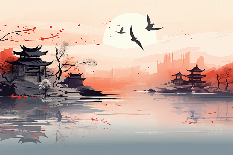 水墨江南小桥流水中式插画