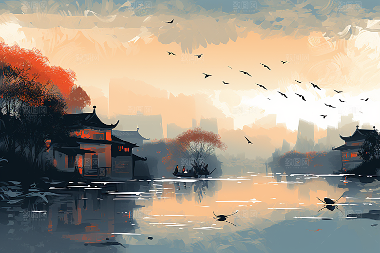 水墨江南晕染小桥流水插画