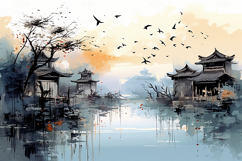 水墨江南晕染中国风插画