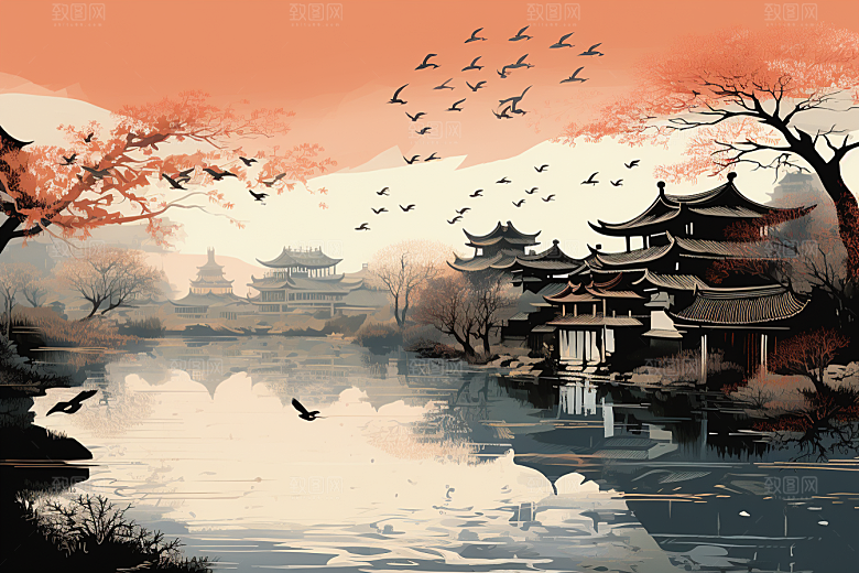 水墨江南水彩粉墙黛瓦插画