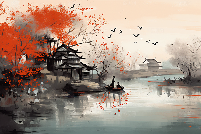 水墨江南粉墙黛瓦水彩插画