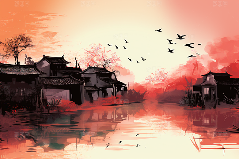 水墨江南中国风晕染插画
