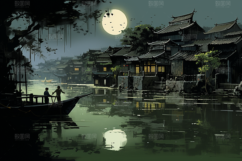 水墨江南中式晕染插画