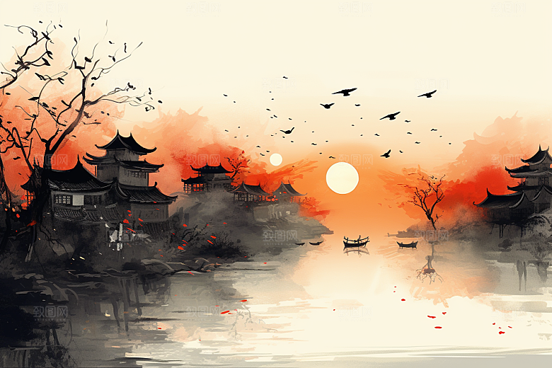 水墨江南手绘小桥流水插画
