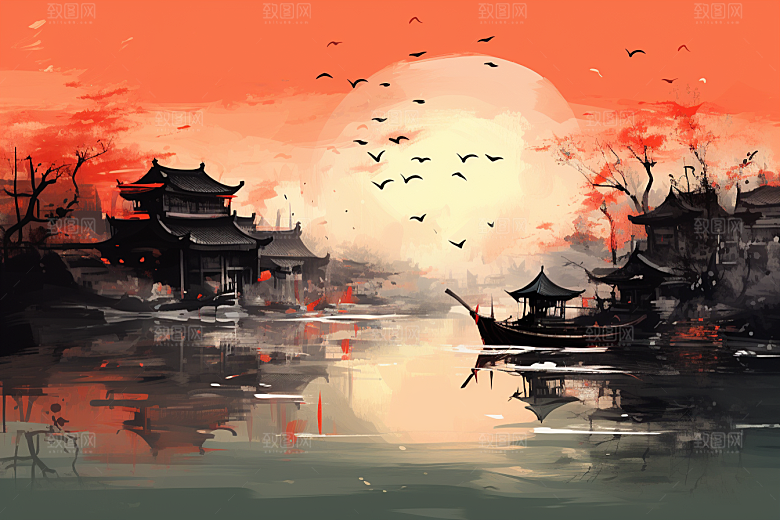 水墨江南小镇小桥流水插画