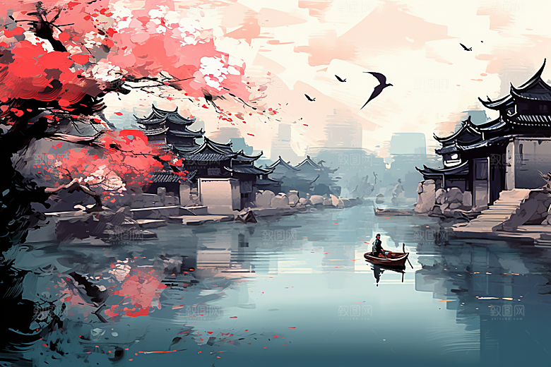 水墨江南晕染小桥流水插画
