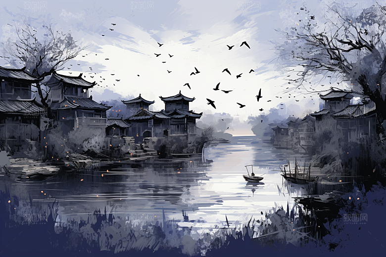 水墨江南中式手绘插画