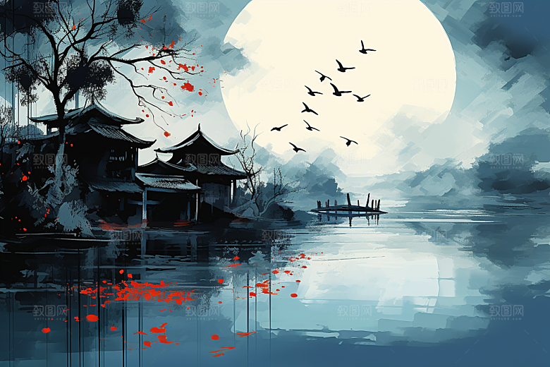 水墨江南手绘中式插画