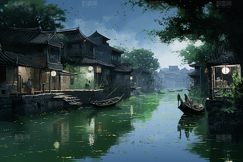 水墨江南手绘粉墙黛瓦插画