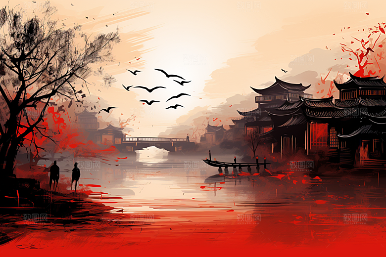 水墨江南晕染小镇插画