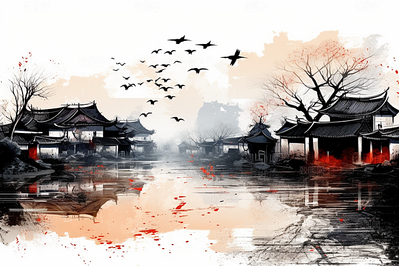 水墨江南水乡晕染插画