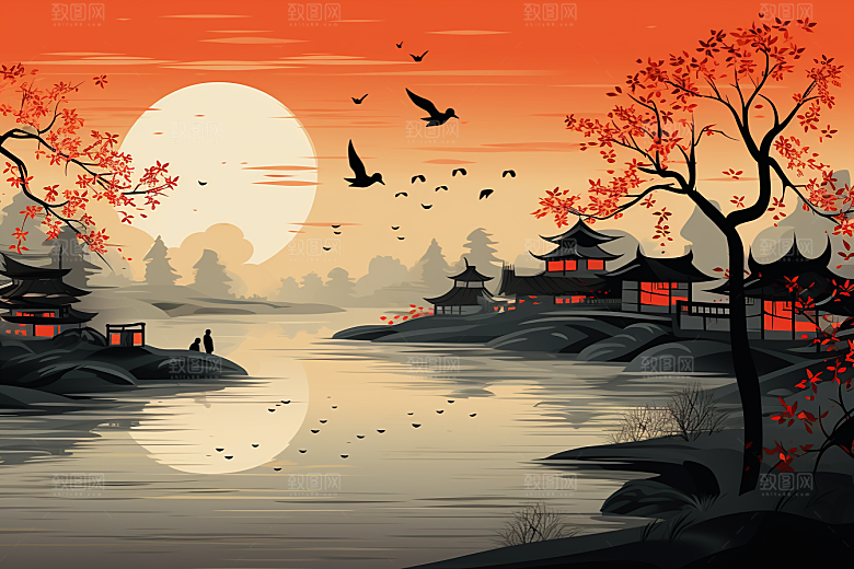 水墨江南中式手绘插画