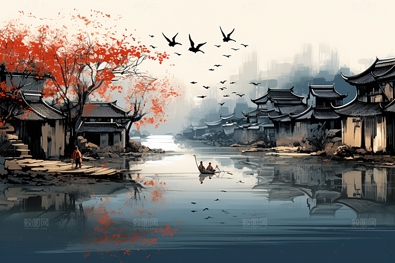 水墨江南小桥流水小镇插画
