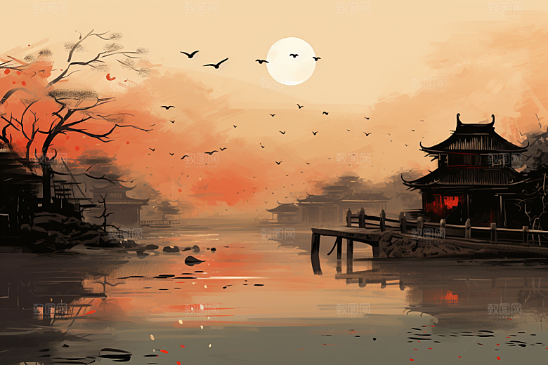 水墨江南小镇手绘插画