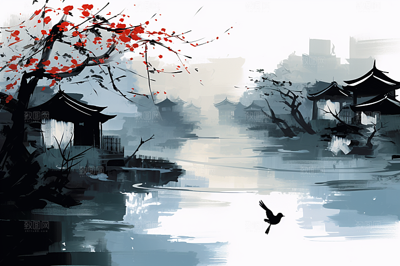 水墨江南中式水乡插画