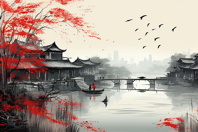 水墨江南晕染小桥流水插画