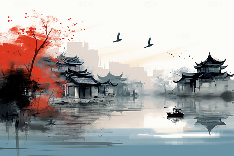 水墨江南水乡中式插画