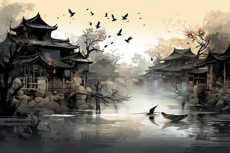 水墨江南水彩粉墙黛瓦插画