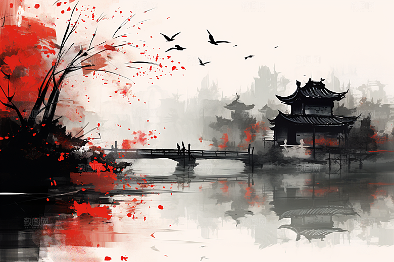 水墨江南水彩中式插画