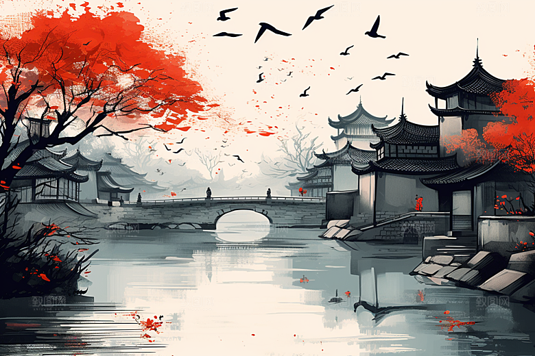 水墨江南手绘粉墙黛瓦插画