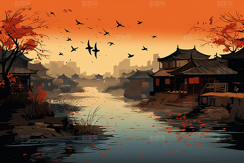 水墨江南水乡手绘插画