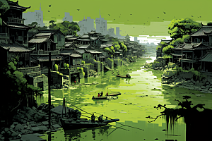 水墨江南水乡中国风插画
